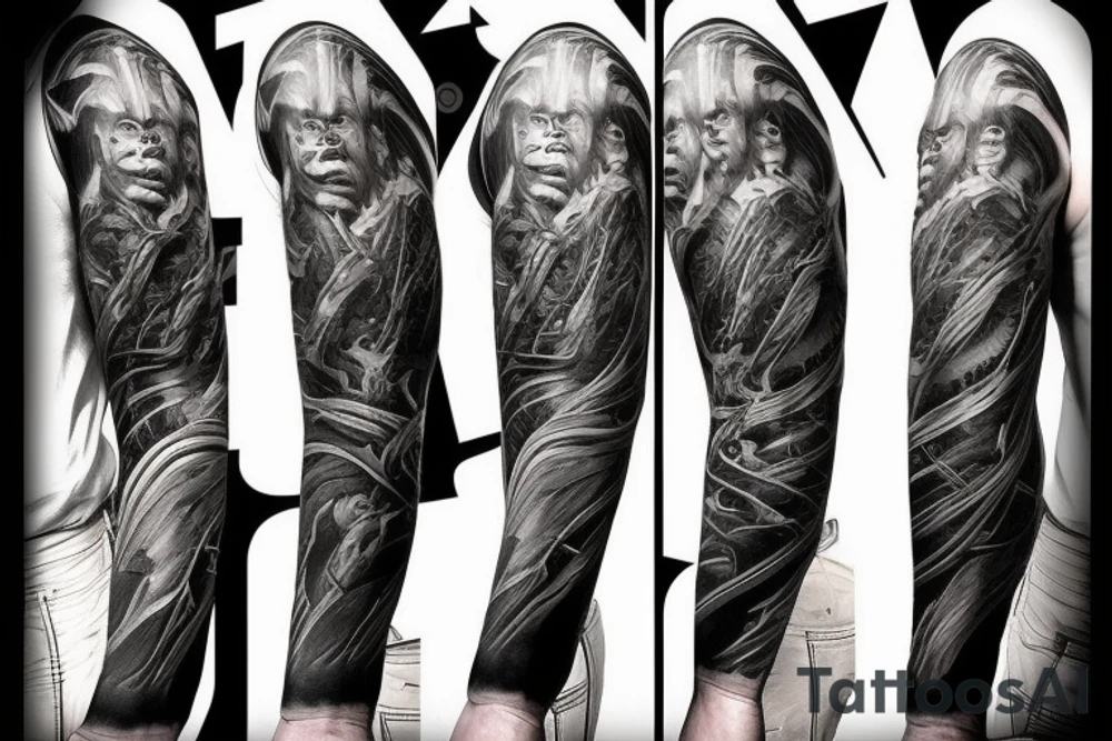 Show me a full arm sleeve tattoo for men that includes dark symbolism, evil gods and other dark things tattoo idea