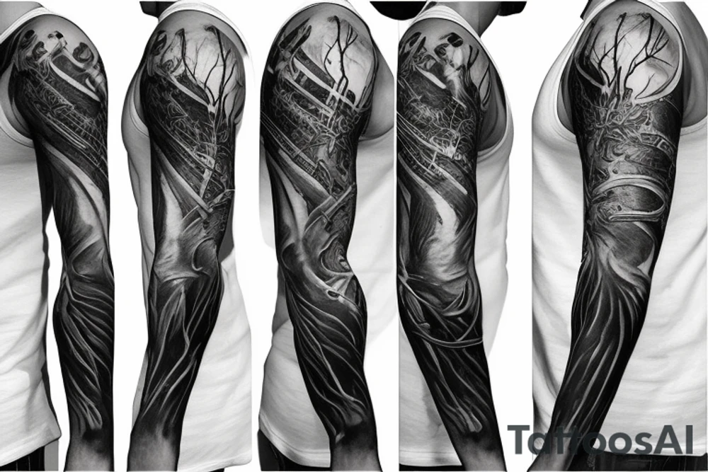 Show me a full arm sleeve tattoo for men that includes dark symbolism, evil gods and other dark things tattoo idea
