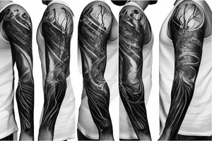 Show me a full arm sleeve tattoo for men that includes dark symbolism, evil gods and other dark things tattoo idea