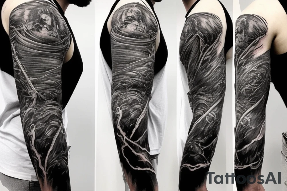 Show me a full arm sleeve tattoo for men that includes dark symbolism, evil gods and other dark things tattoo idea