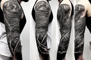 Show me a full arm sleeve tattoo for men that includes dark symbolism, evil gods and other dark things tattoo idea