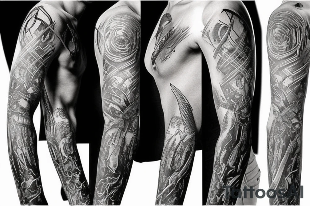 Show me a full arm sleeve tattoo for men that includes dark symbolism, evil gods and other dark mythology tattoo idea