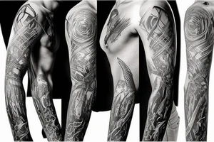 Show me a full arm sleeve tattoo for men that includes dark symbolism, evil gods and other dark mythology tattoo idea