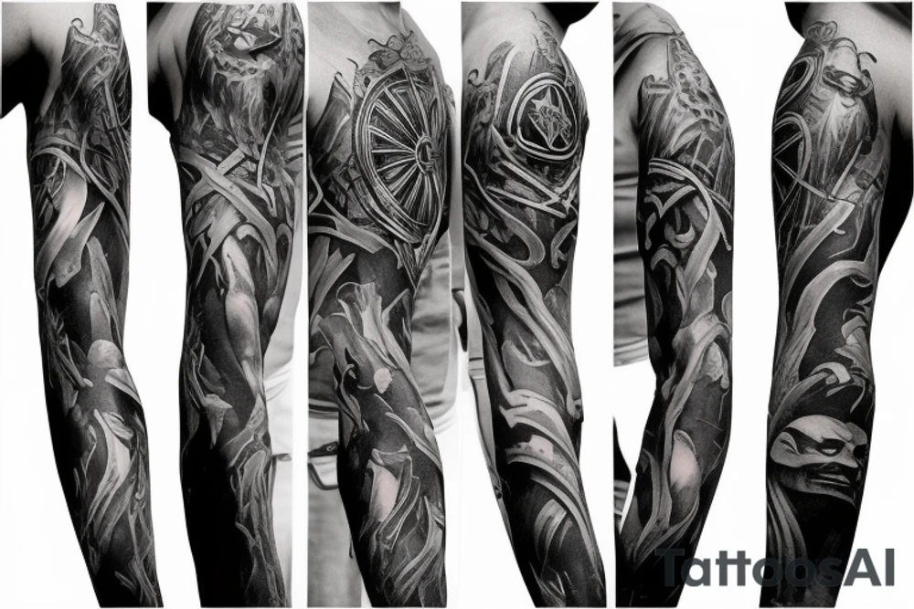 Show me a full arm sleeve tattoo for men that includes dark symbolism, evil gods and other dark mythology tattoo idea