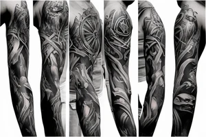 Show me a full arm sleeve tattoo for men that includes dark symbolism, evil gods and other dark mythology tattoo idea