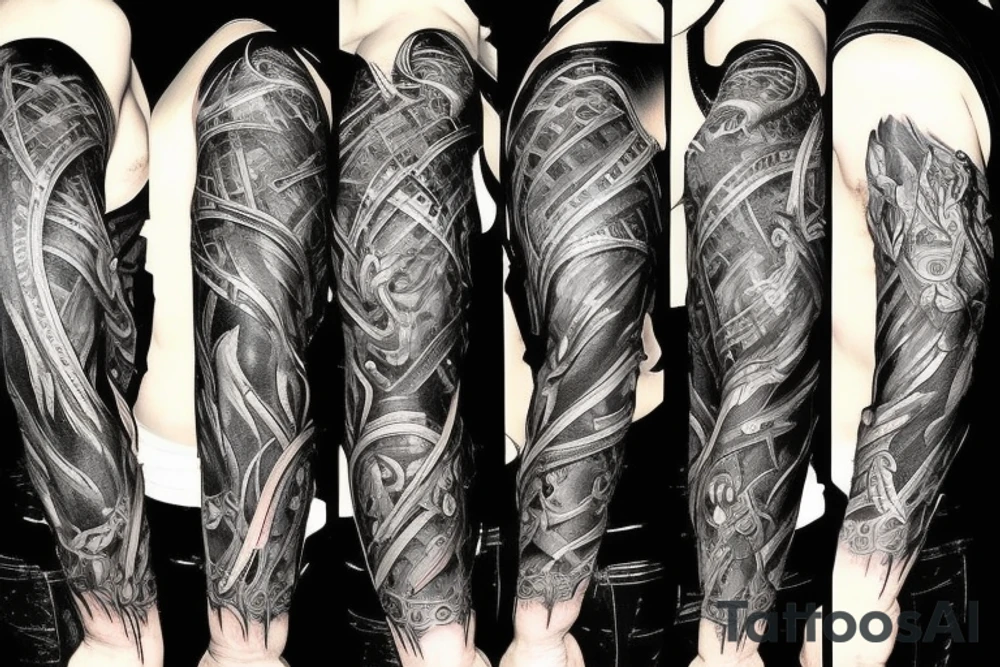 Show me a full arm sleeve tattoo for men that includes dark symbolism, evil gods and other dark mythology tattoo idea