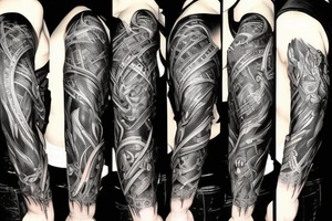 Show me a full arm sleeve tattoo for men that includes dark symbolism, evil gods and other dark mythology tattoo idea
