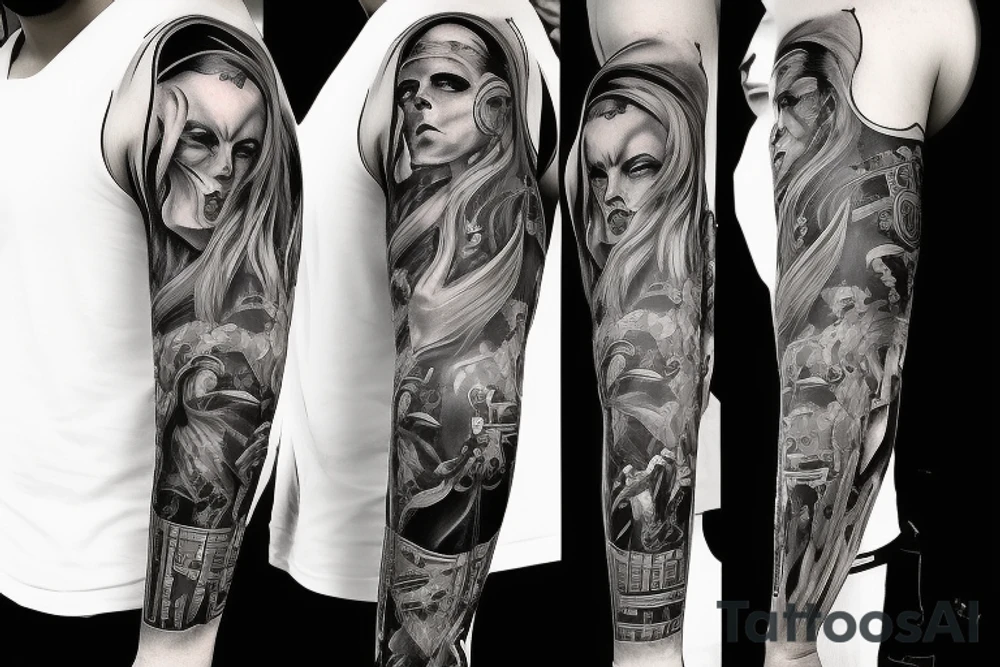 Show me a full arm sleeve tattoo for men that includes dark symbolism, evil gods and other dark mythology tattoo idea