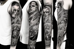 Show me a full arm sleeve tattoo for men that includes dark symbolism, evil gods and other dark mythology tattoo idea
