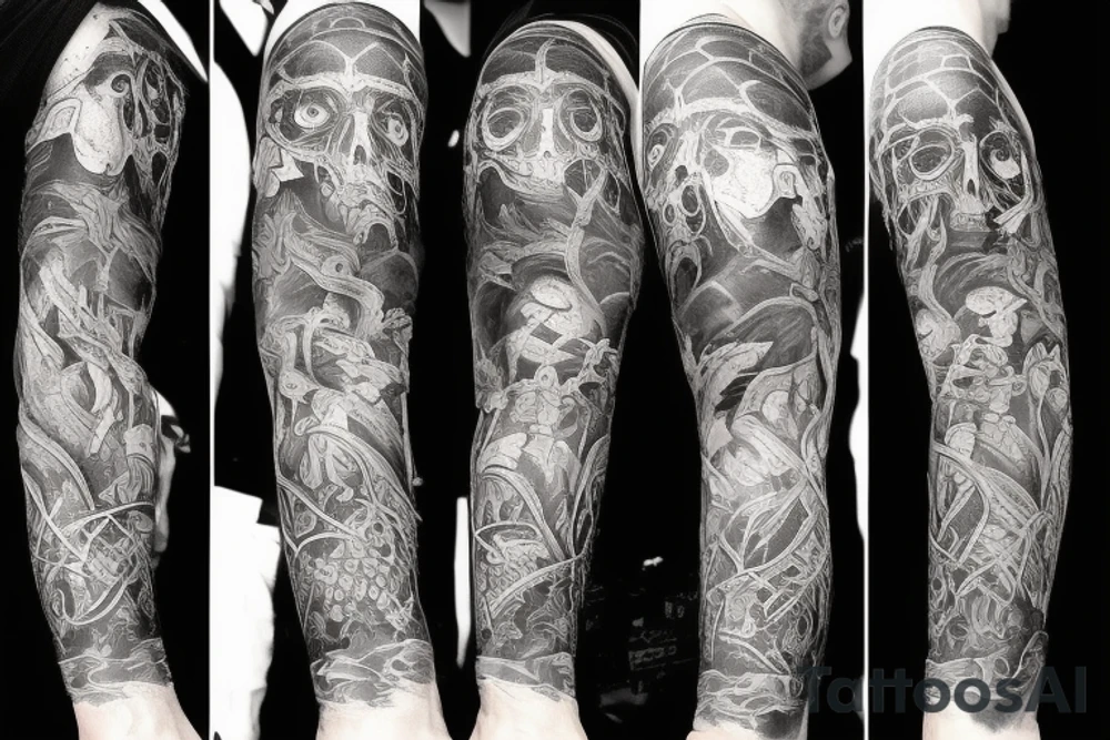 Show me a full arm sleeve tattoo for men that includes dark symbolism, evil gods and other dark mythology tattoo idea