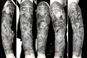 Show me a full arm sleeve tattoo for men that includes dark symbolism, evil gods and other dark mythology tattoo idea
