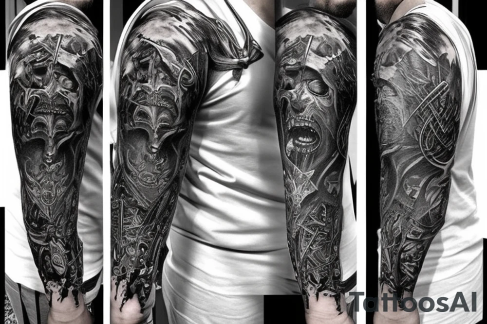 Show me a full arm sleeve tattoo for men that includes dark symbolism, evil gods and other dark mythology tattoo idea