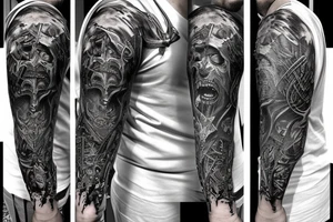 Show me a full arm sleeve tattoo for men that includes dark symbolism, evil gods and other dark mythology tattoo idea
