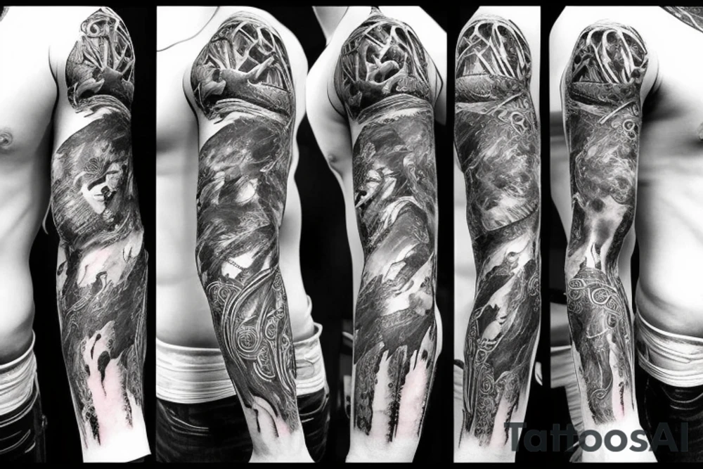 Show me a full arm sleeve tattoo for men that includes dark symbolism, evil gods and other dark mythology tattoo idea