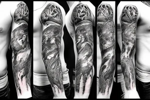 Show me a full arm sleeve tattoo for men that includes dark symbolism, evil gods and other dark mythology tattoo idea
