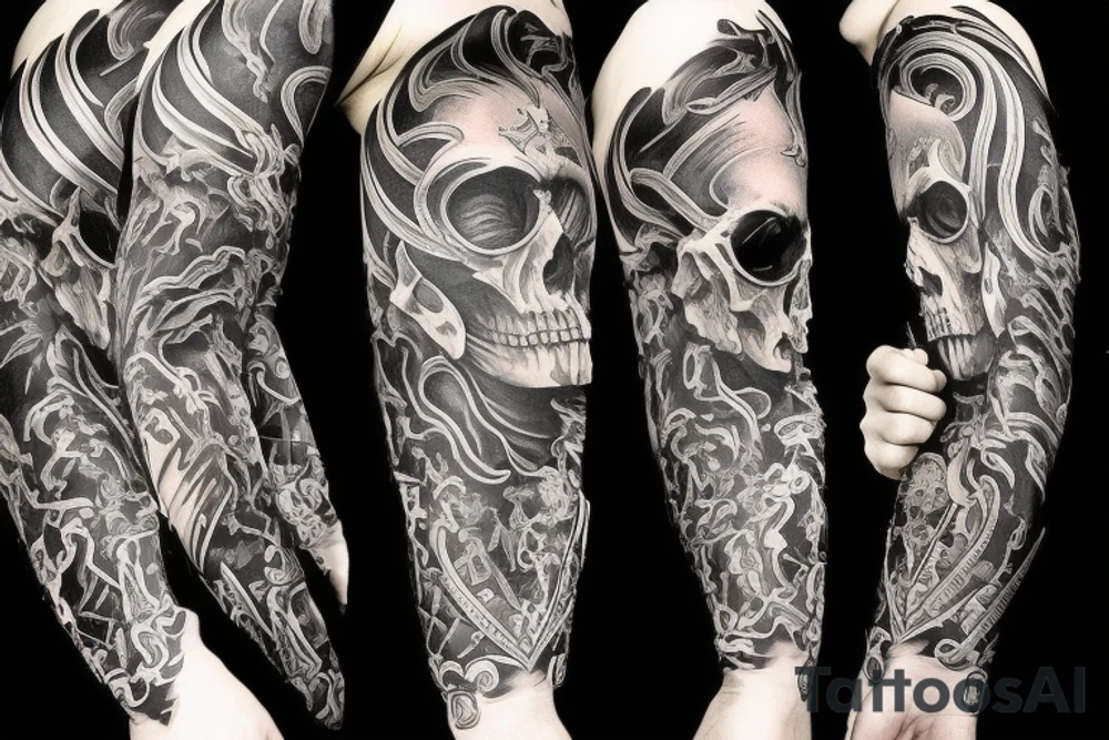 Show me a full arm sleeve tattoo for men that includes dark symbolism, evil gods and other dark mythology tattoo idea