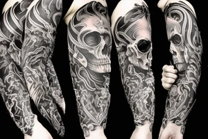 Show me a full arm sleeve tattoo for men that includes dark symbolism, evil gods and other dark mythology tattoo idea
