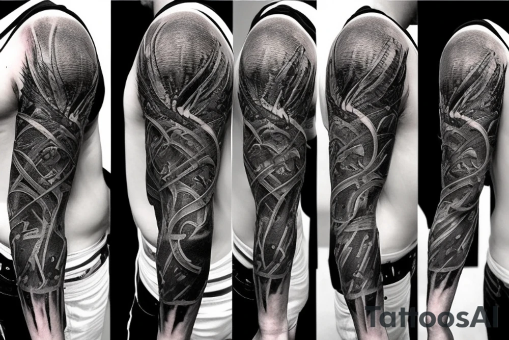 Show me a full arm sleeve tattoo for men that includes dark symbolism, evil gods and other dark mythology tattoo idea