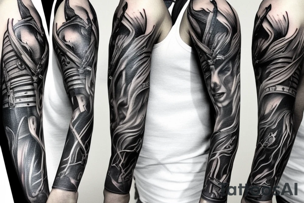 Show me a full arm sleeve tattoo for men that includes dark symbolism, evil gods and other dark mythology tattoo idea