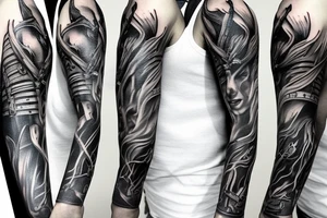 Show me a full arm sleeve tattoo for men that includes dark symbolism, evil gods and other dark mythology tattoo idea