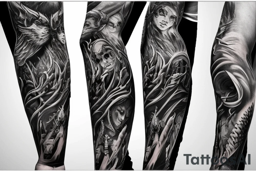Show me a full arm sleeve tattoo for men that includes dark symbolism, evil gods and other dark mythology tattoo idea