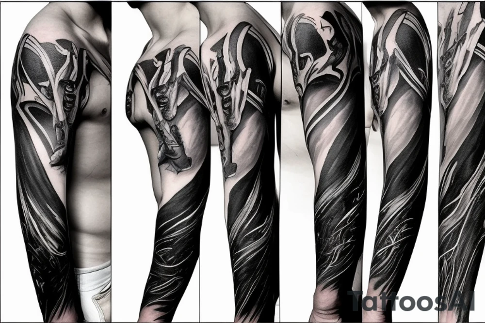 Show me a full arm sleeve tattoo for men that includes dark symbolism, evil gods and other dark mythology tattoo idea