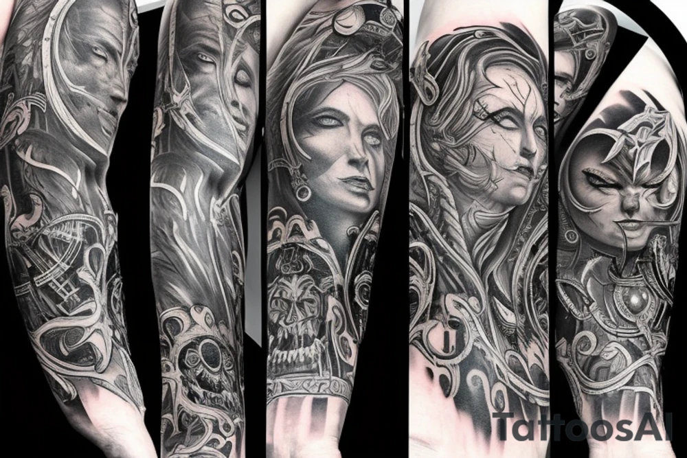 Show me a full arm sleeve tattoo for men that includes dark symbolism, evil gods and other dark mythology tattoo idea