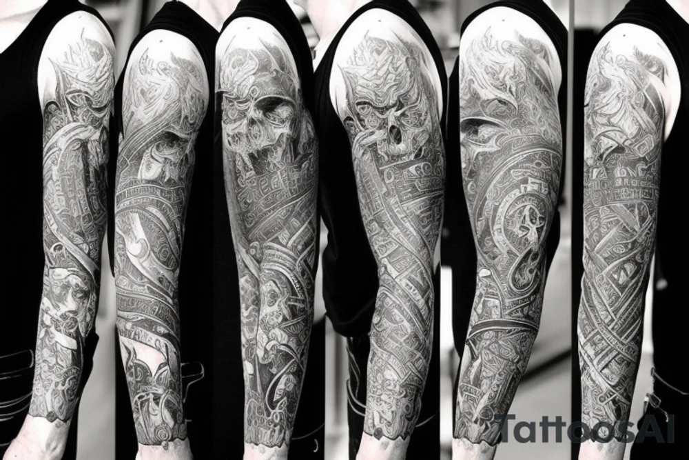 Show me a full arm sleeve tattoo for men that includes dark symbolism, evil gods and other dark mythology tattoo idea