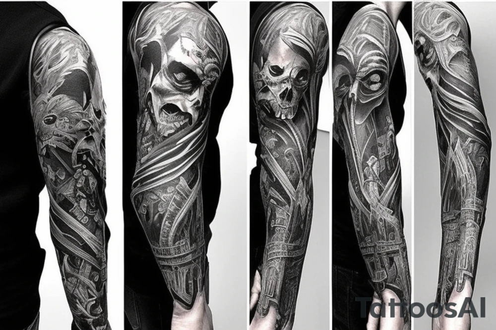 Show me a full arm sleeve tattoo for men that includes dark symbolism, evil gods and other dark mythology tattoo idea