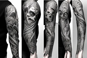 Show me a full arm sleeve tattoo for men that includes dark symbolism, evil gods and other dark mythology tattoo idea