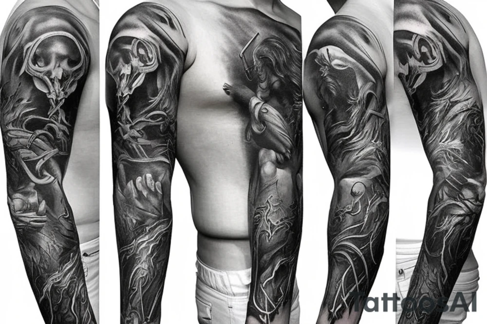 Show me a full arm sleeve tattoo for men that includes dark symbolism, evil gods and other dark mythology tattoo idea