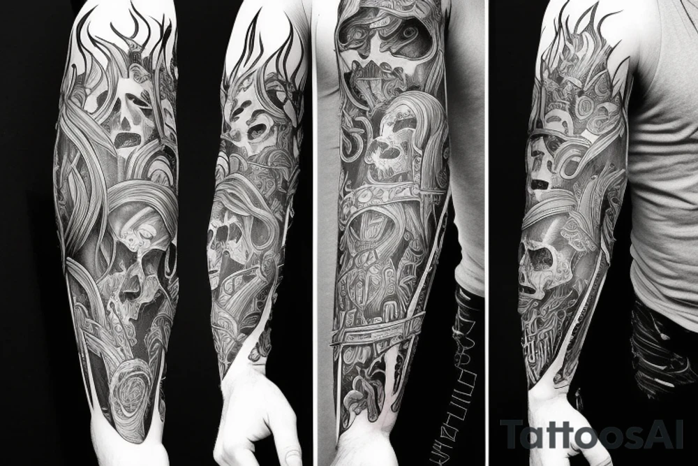 Show me a full arm sleeve tattoo for men that includes dark symbolism, evil gods and other dark mythology tattoo idea