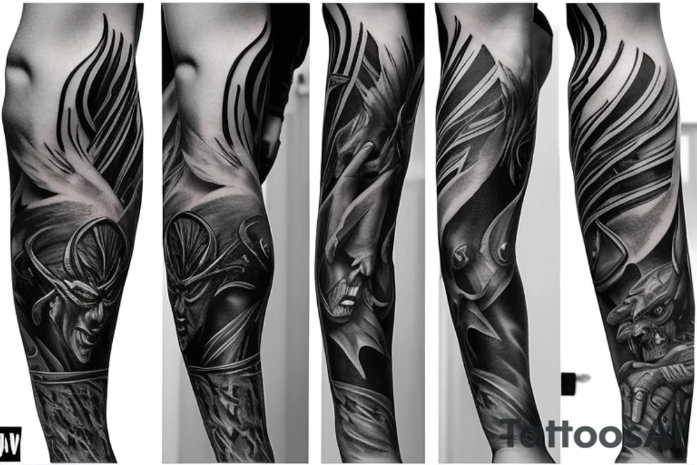 Show me a full arm sleeve tattoo for men that includes dark symbolism, evil gods and other dark mythology tattoo idea