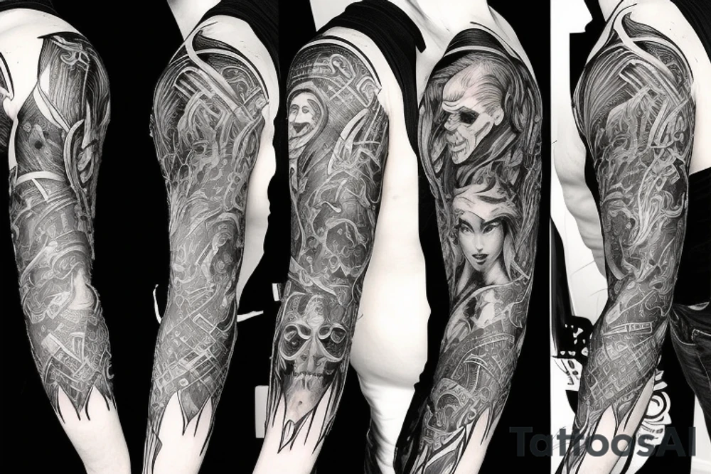 Show me a full arm sleeve tattoo for men that includes dark symbolism, evil gods and other dark mythology tattoo idea