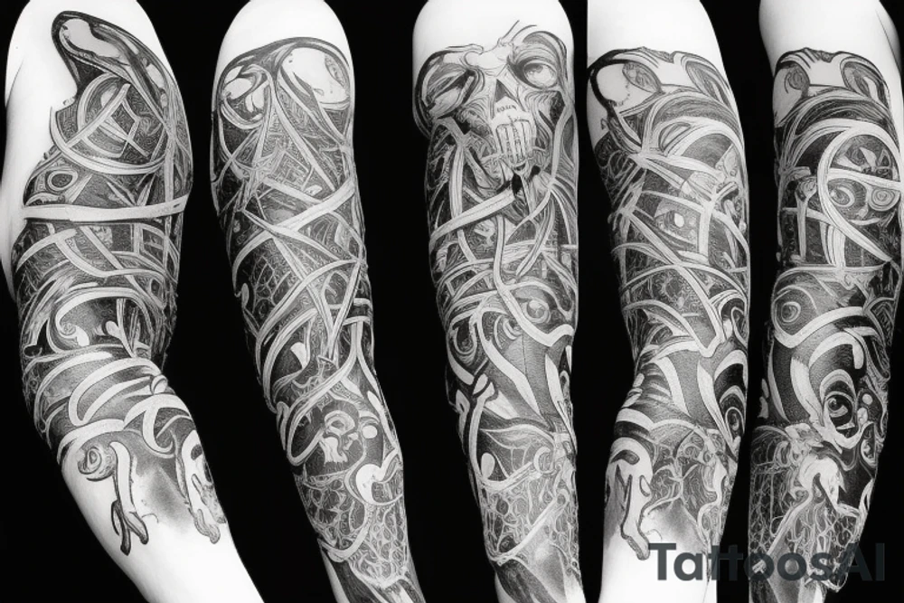 Show me a full arm sleeve tattoo for men that includes dark symbolism, evil gods and other dark mythology tattoo idea