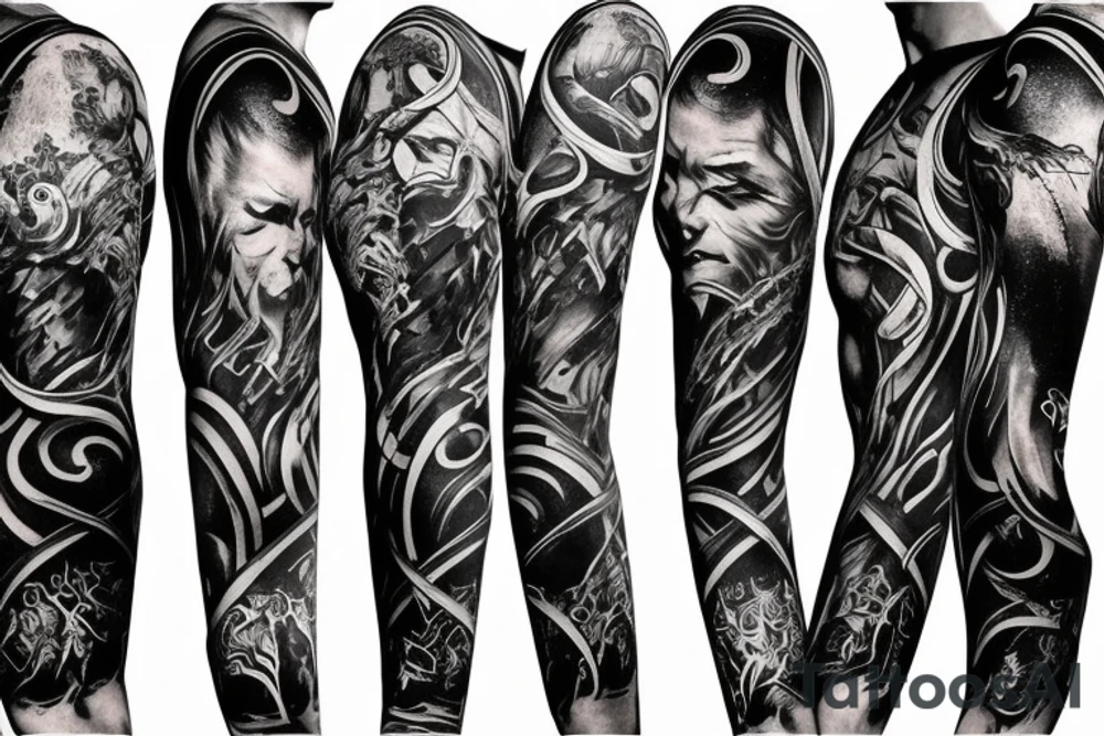 Show me a full arm sleeve tattoo for men that includes dark symbolism, evil gods and other dark mythology tattoo idea