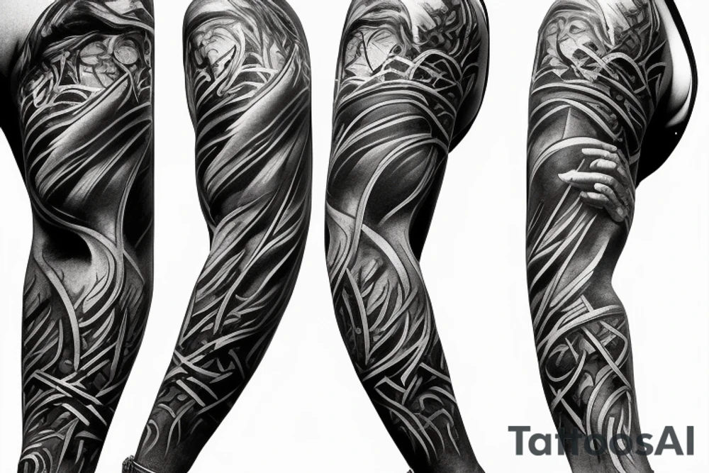 Show me a full arm sleeve tattoo for men that includes dark symbolism, evil gods and other dark mythology tattoo idea