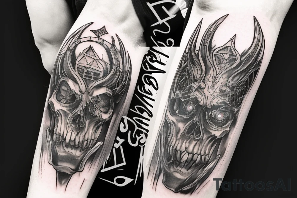 Show me a full arm sleeve tattoo for men that includes dark symbolism, evil gods and other dark mythology tattoo idea
