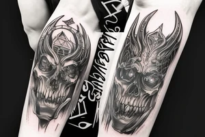 Show me a full arm sleeve tattoo for men that includes dark symbolism, evil gods and other dark mythology tattoo idea
