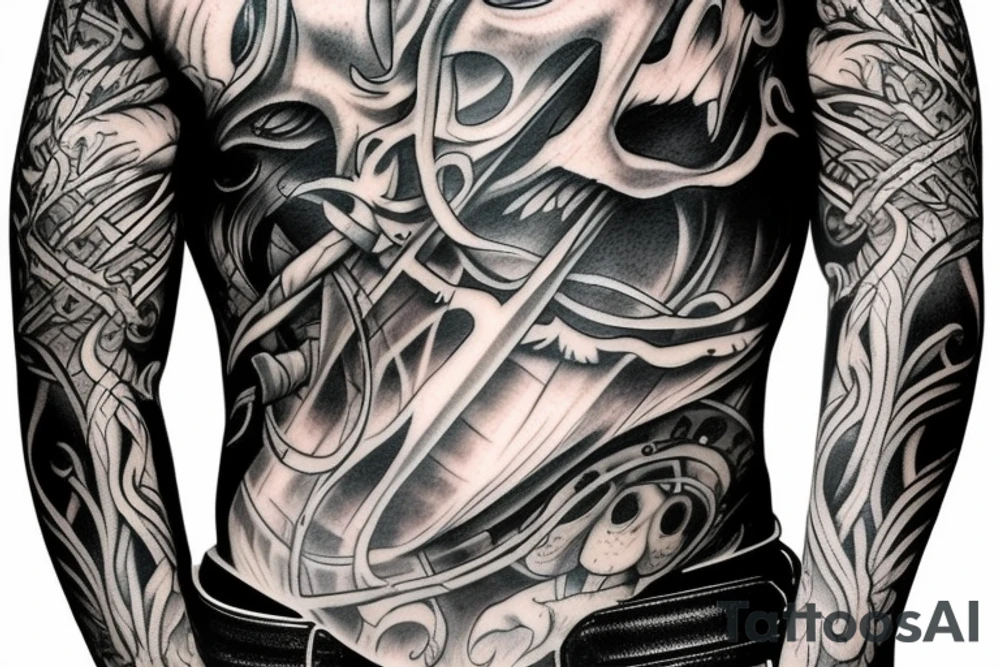 Show me a full arm sleeve tattoo for men that includes dark symbolism, evil gods and other dark mythology tattoo idea