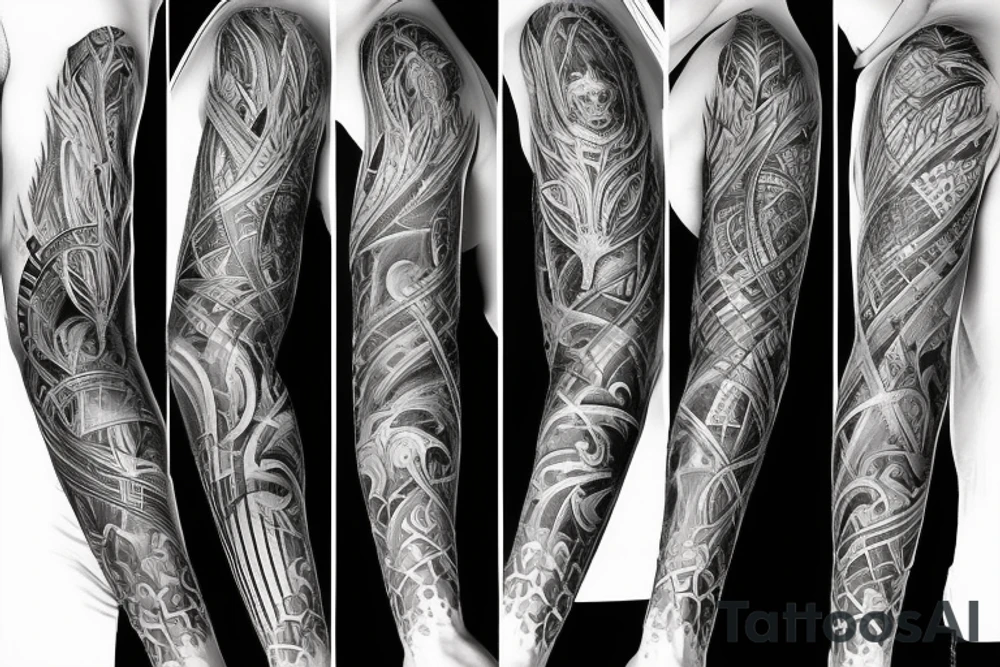 Show me a full arm sleeve tattoo for men that includes dark mythology and symbolism tattoo idea