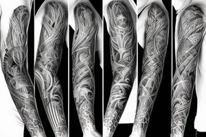 Show me a full arm sleeve tattoo for men that includes dark mythology and symbolism tattoo idea