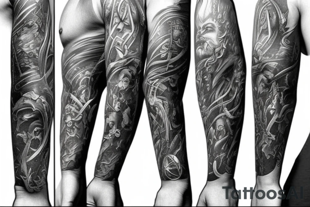 Show me a full arm sleeve tattoo for men that includes dark mythology and symbolism tattoo idea
