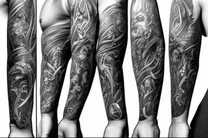 Show me a full arm sleeve tattoo for men that includes dark mythology and symbolism tattoo idea