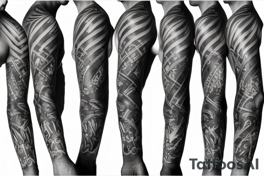 Show me a full arm sleeve tattoo for men that includes dark mythology and symbolism tattoo idea