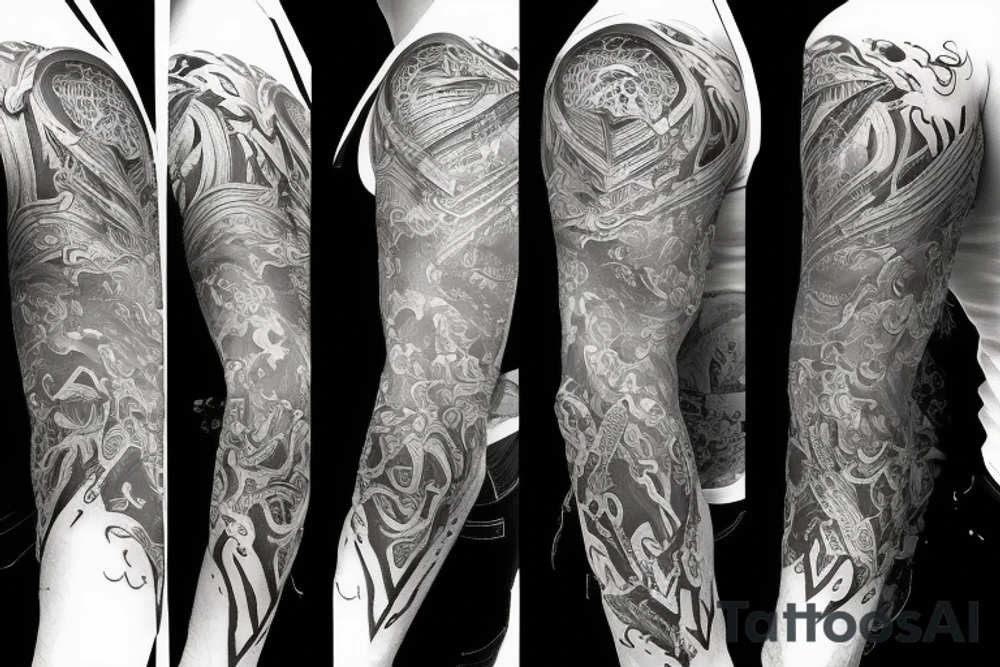 Show me a full arm sleeve tattoo for men that includes dark mythology and symbolism tattoo idea