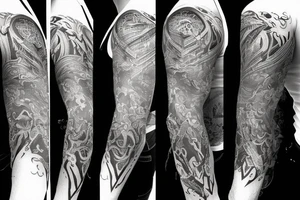 Show me a full arm sleeve tattoo for men that includes dark mythology and symbolism tattoo idea