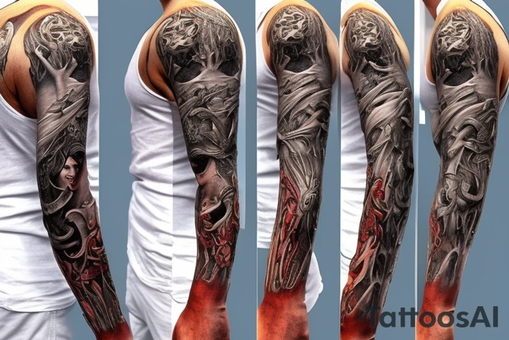 Show me a full arm sleeve tattoo for men that includes dark mythology and symbolism tattoo idea