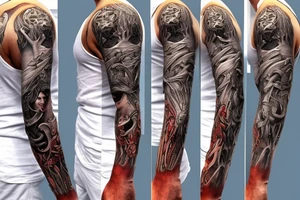 Show me a full arm sleeve tattoo for men that includes dark mythology and symbolism tattoo idea
