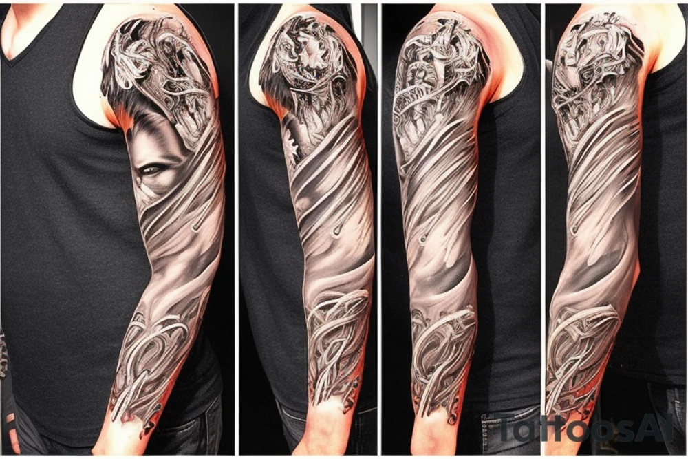 Show me a full arm sleeve tattoo for men that includes dark mythology and symbolism tattoo idea